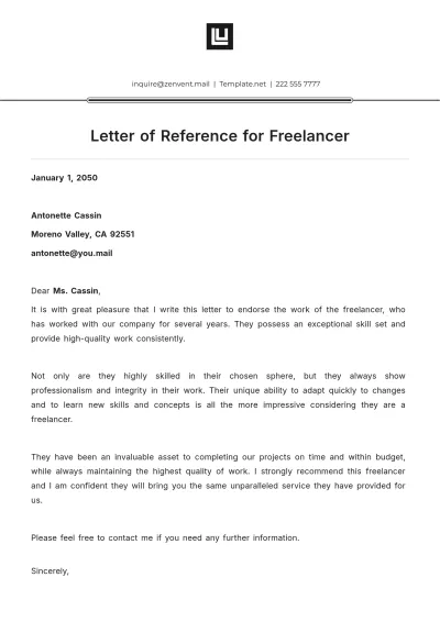 Free Reference Letter for Freelancer Template to Edit Online
