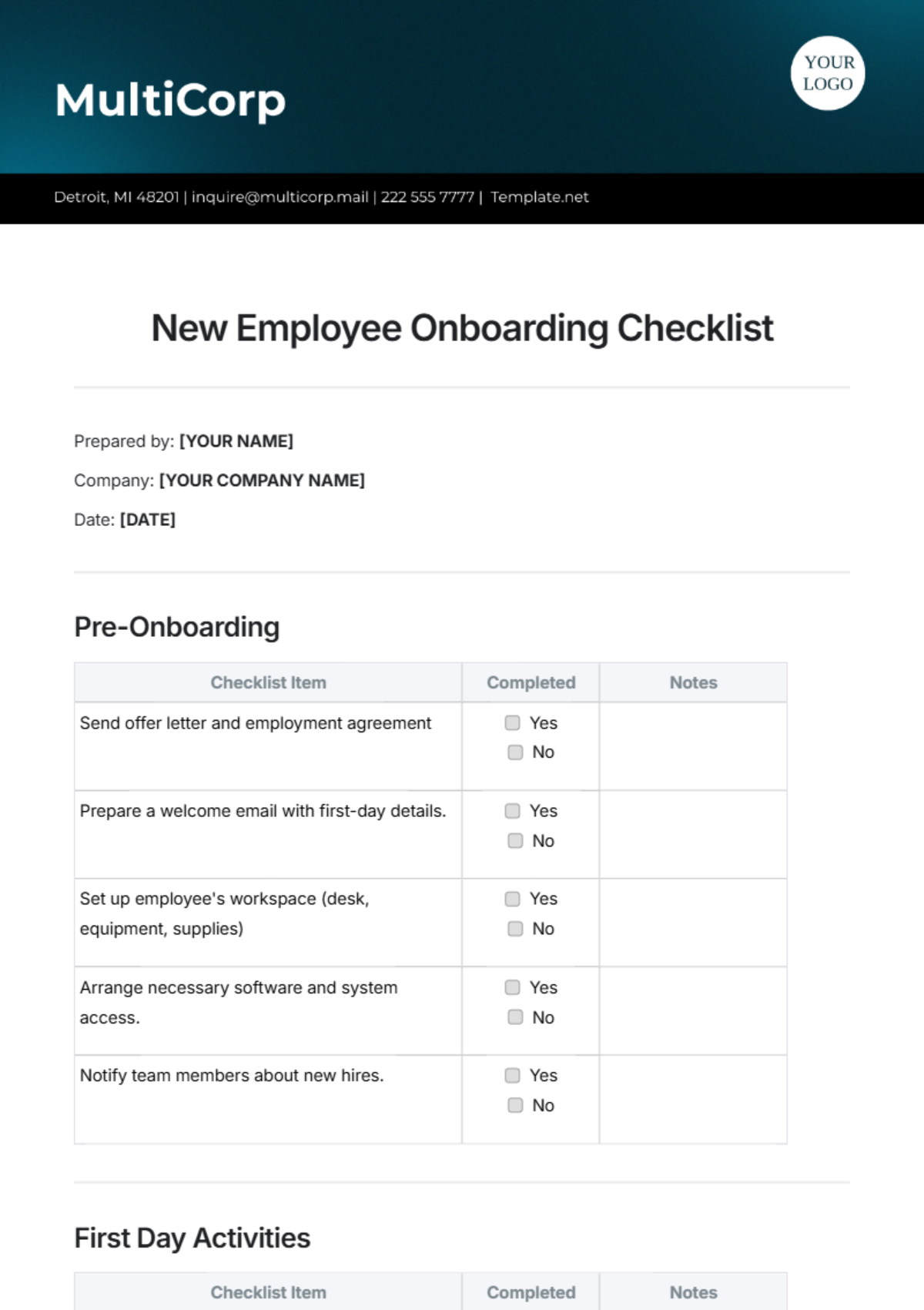 New Employee Onboarding Checklist Template