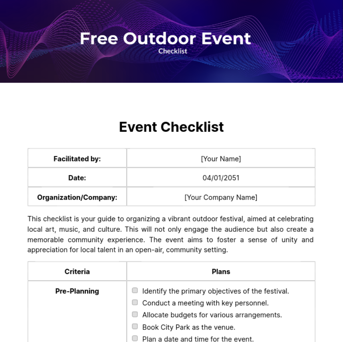 Free Outdoor Event Checklist Template