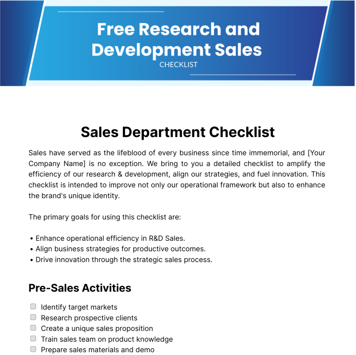 Research And Development Sales Checklist Template - Edit Online & Download