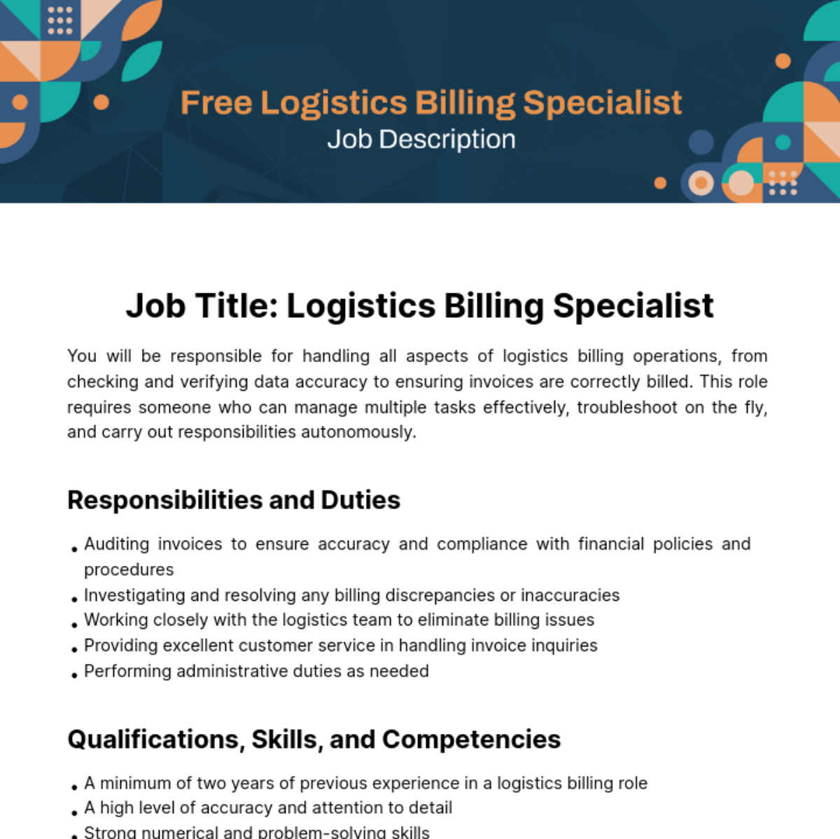 Free Logistics Billing Specialist Job Description Template