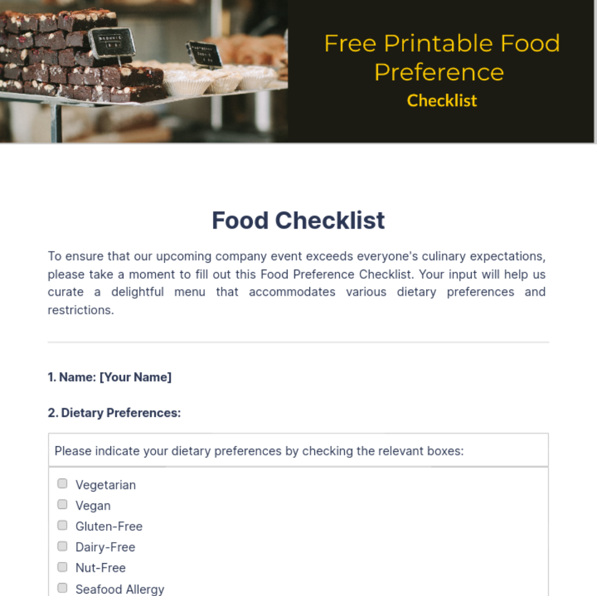 Free Printable Food Preference Checklist Template