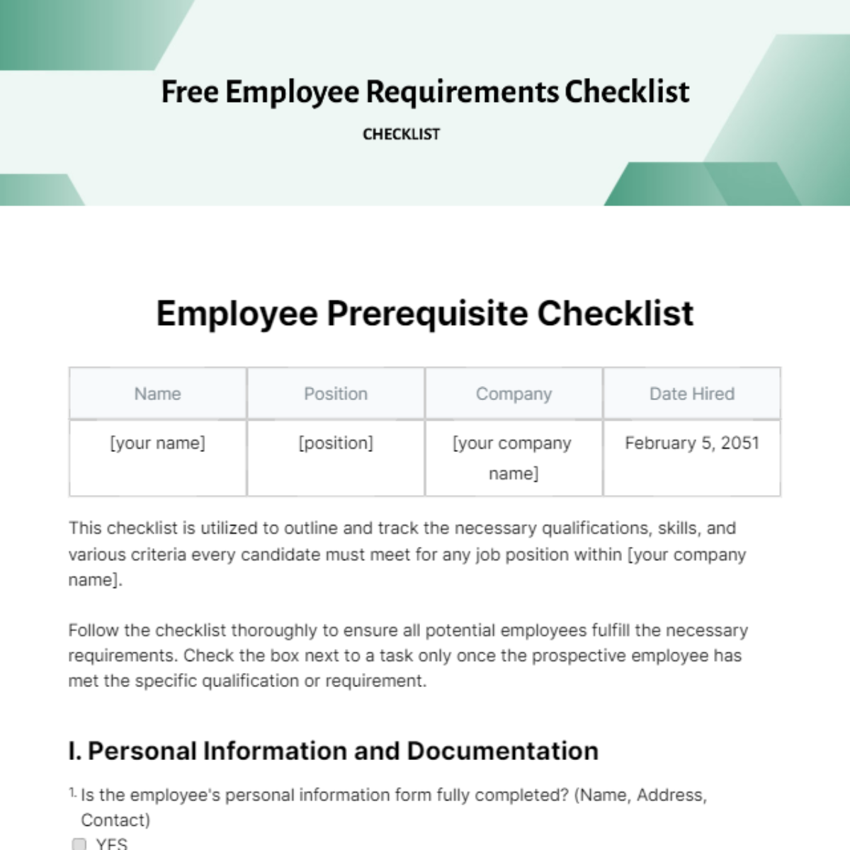 Free Employee Requirements Checklist Template