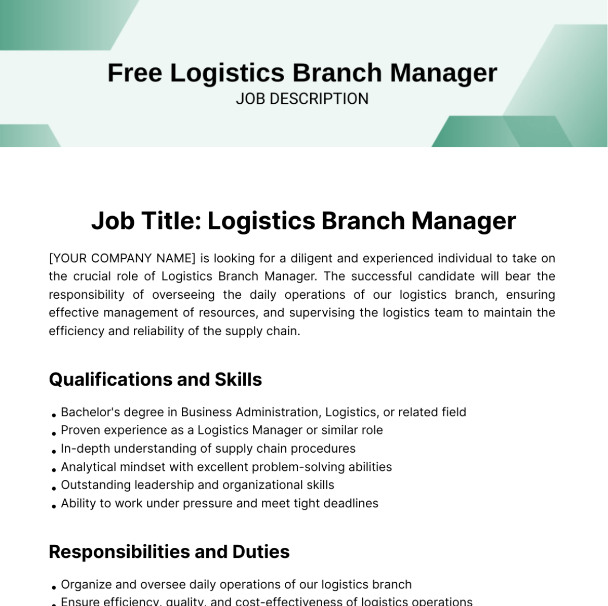 Free Logistics Branch Manager Job Description Template