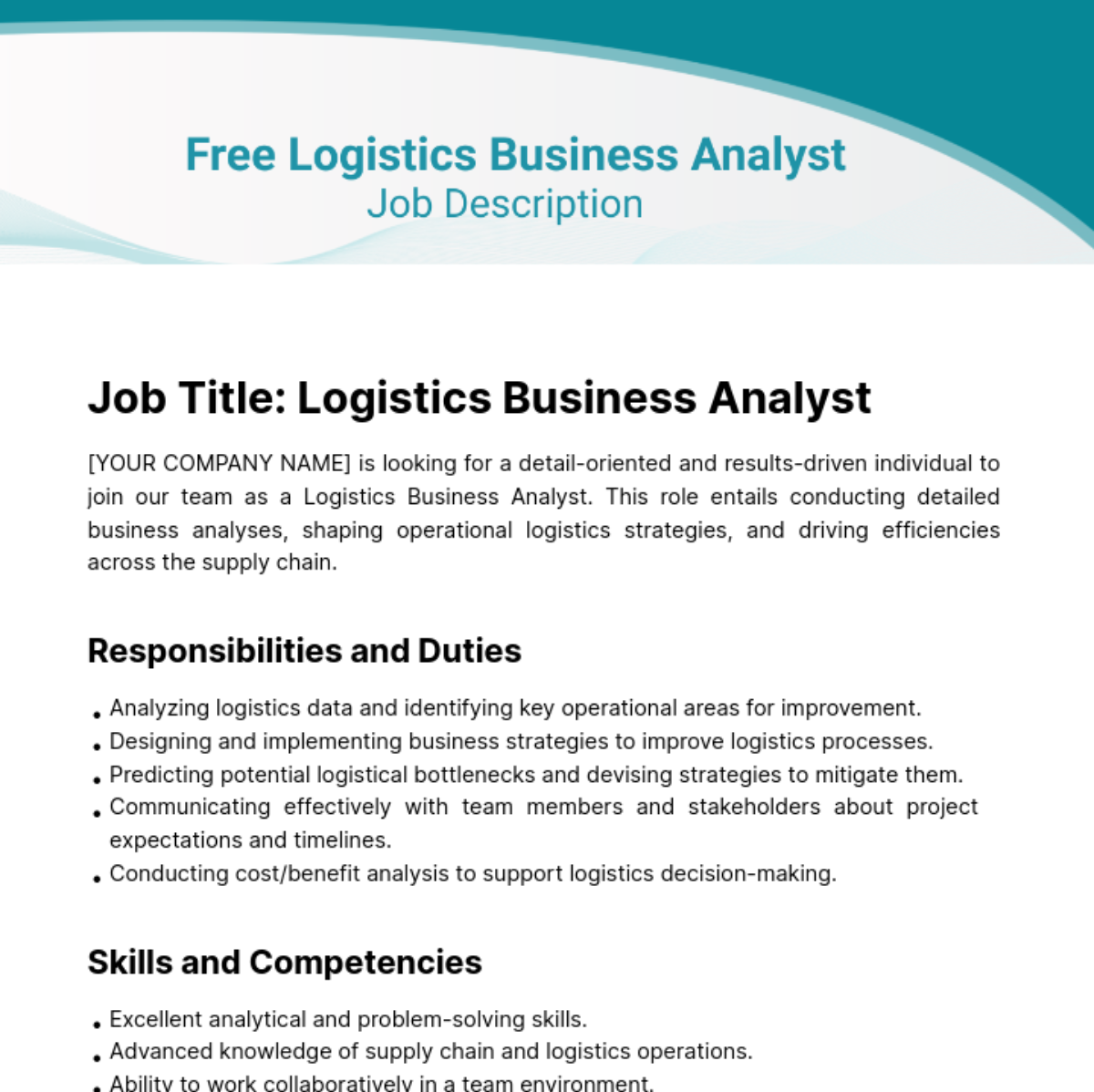 Free Logistics Business Analyst Job Description Template