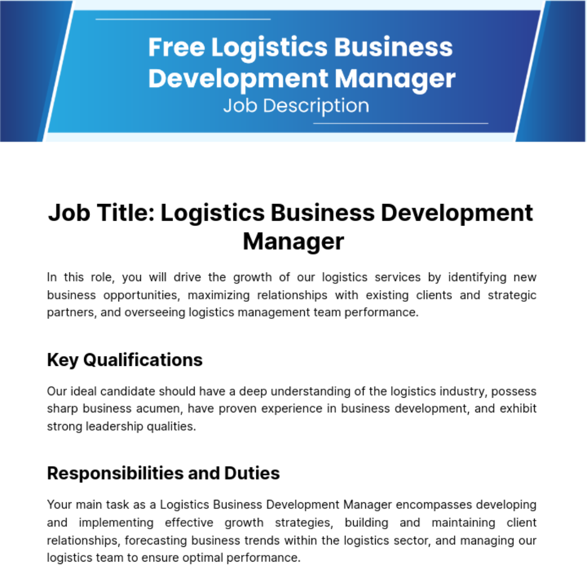 Free Logistics Business Development Manager Job Description Template