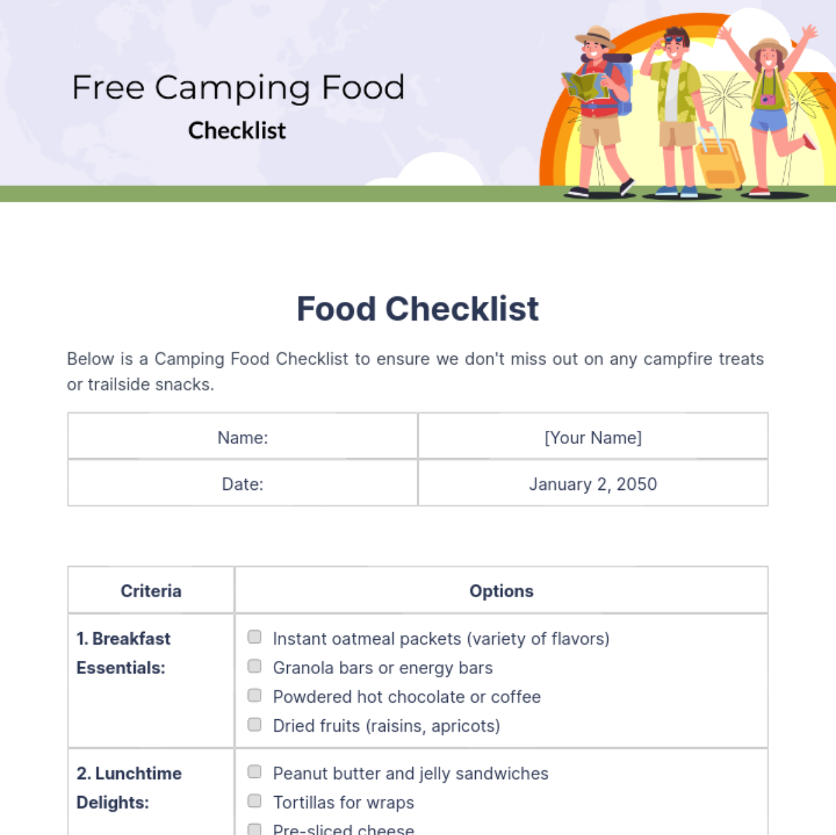 Free Camping Food Checklist Template