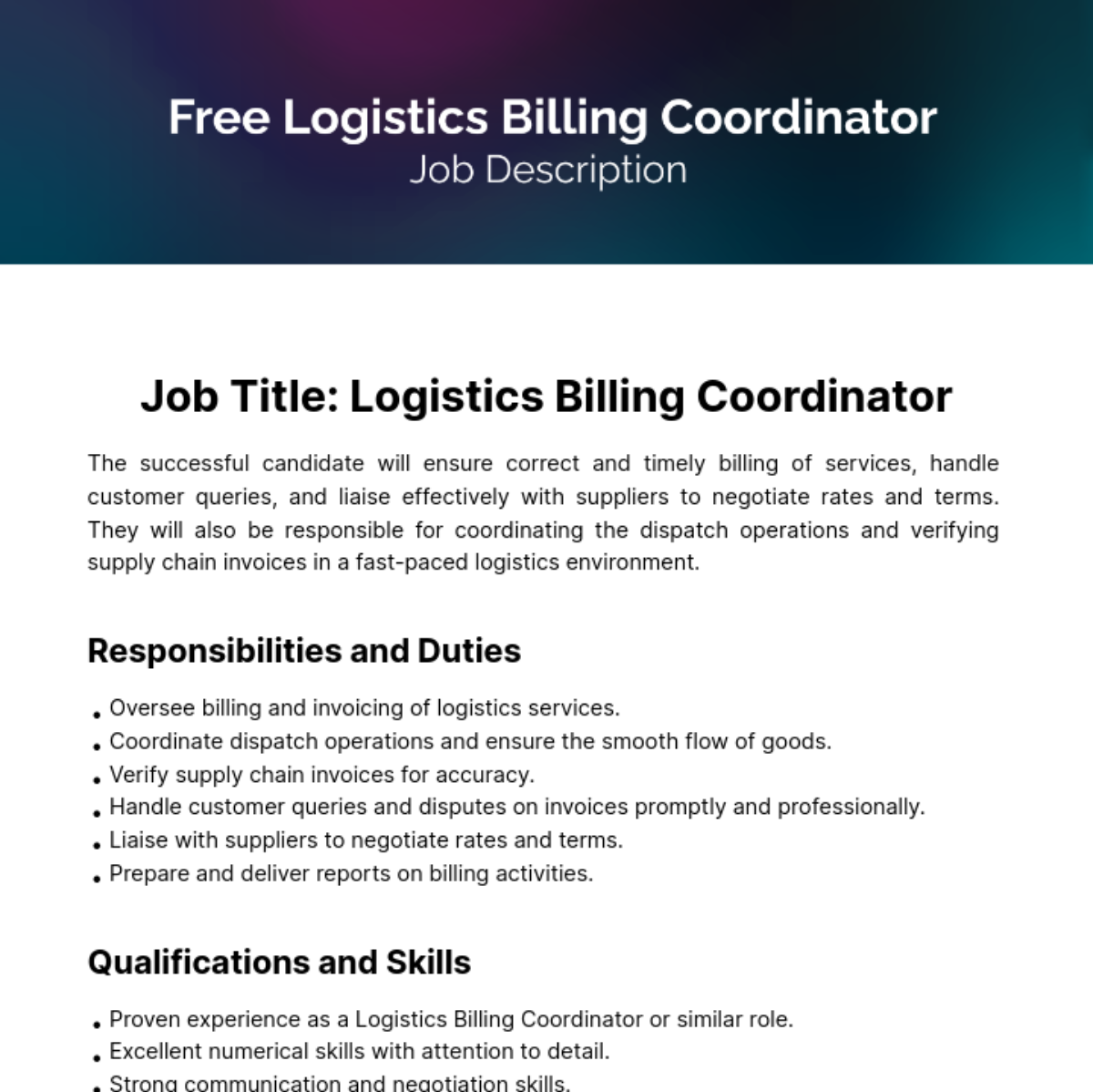 Free Logistics Billing Coordinator Job Description Template