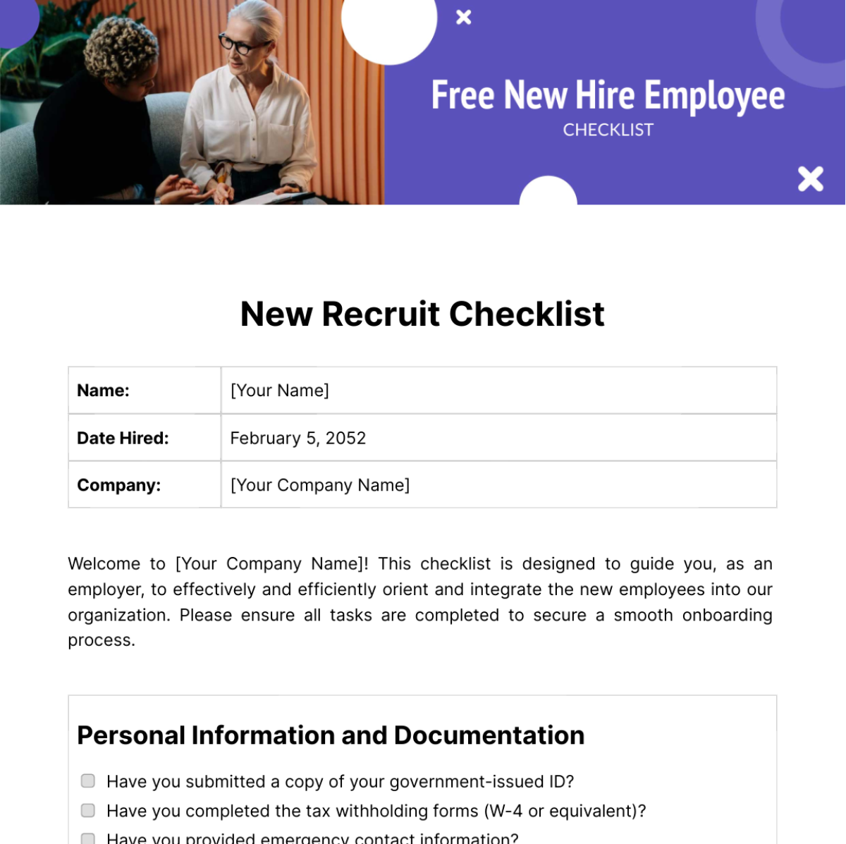 Free New Hire Employee Checklist Template