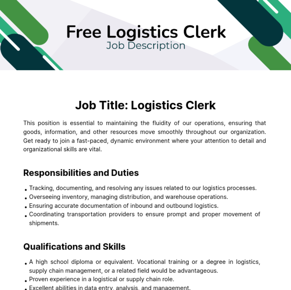 Logistics Clerk Job Description Template Edit Online Download 