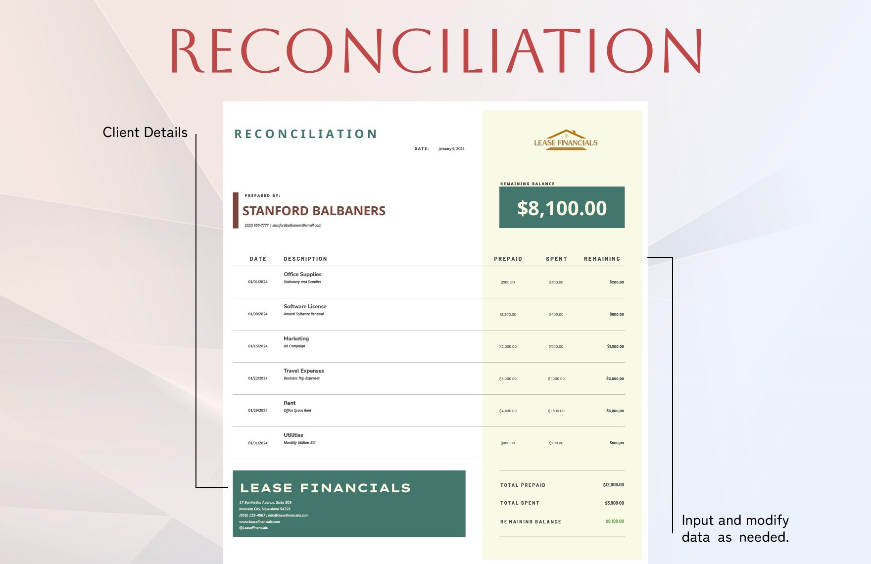 Prepaid Expense Reconciliation Template