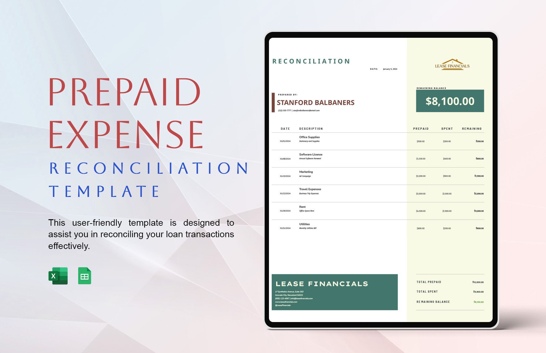 Prepaid Expense Reconciliation Template