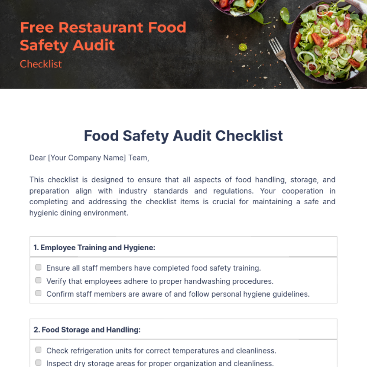 Restaurant Food Safety Audit Checklist Template
