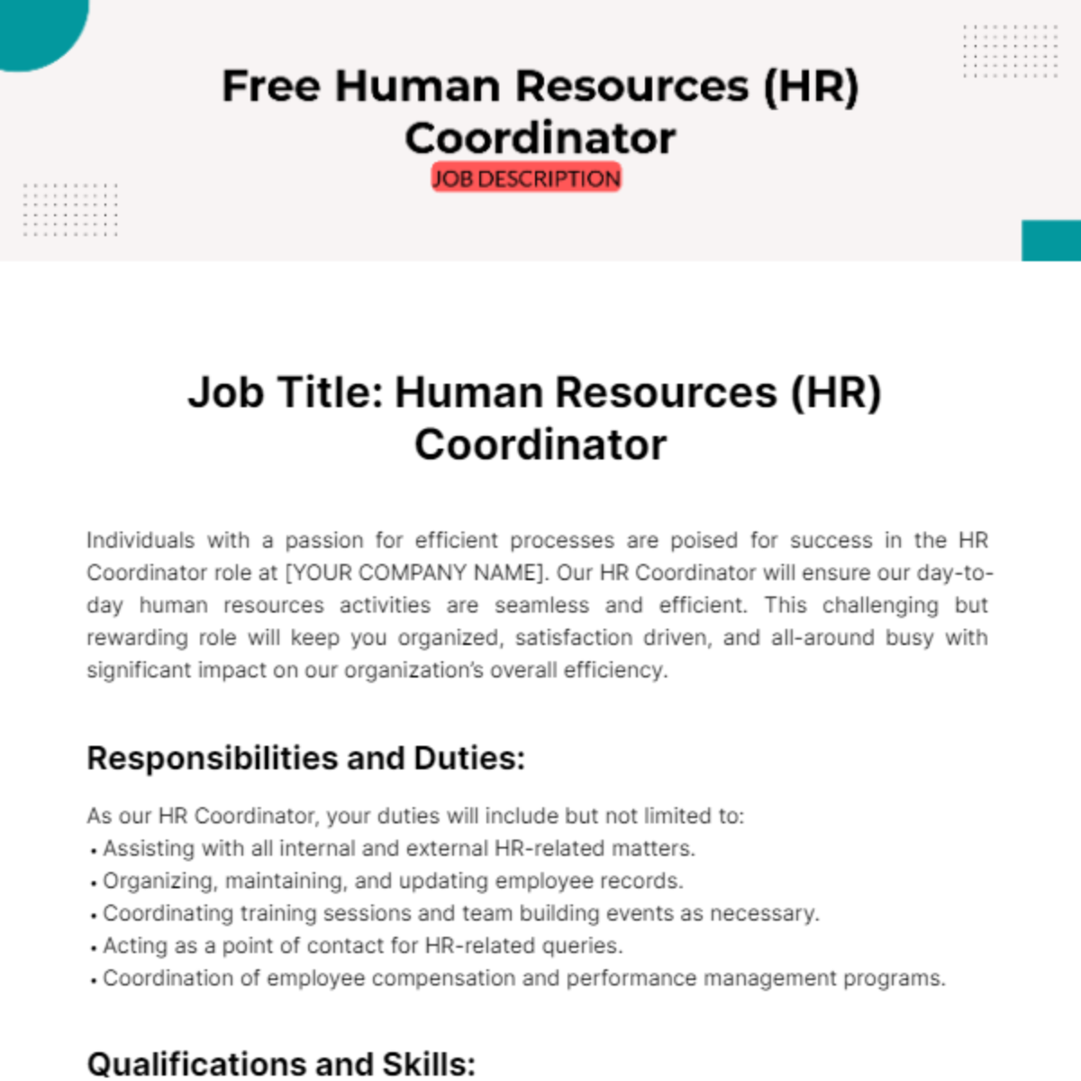 Human Resources (HR) Coordinator Job Description Template