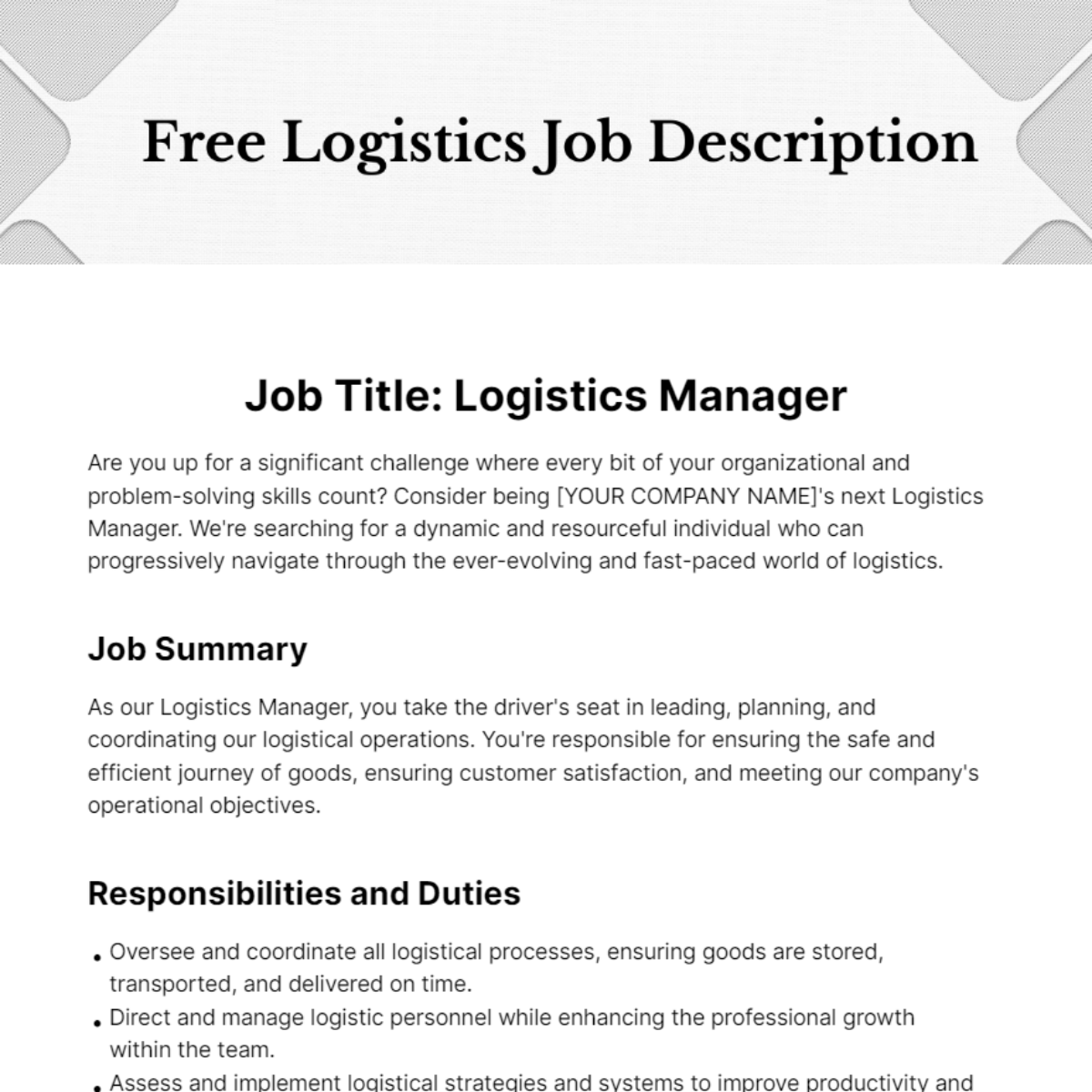 Free Logistics Job Description Template