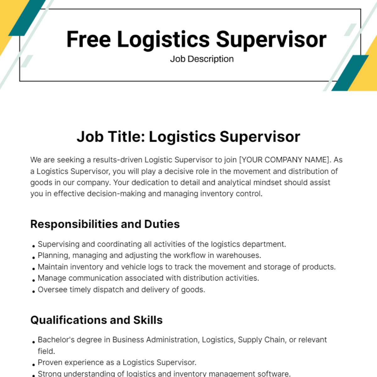 Free Logistics Supervisor Job Description Template