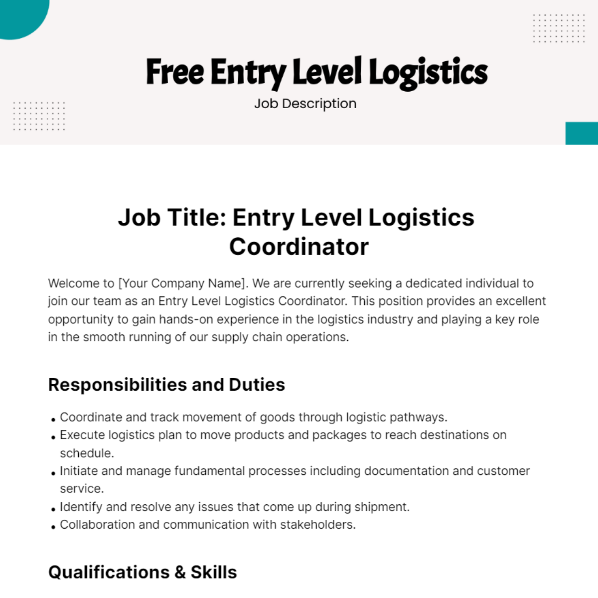 Free Entry Level Logistics Job Description Template