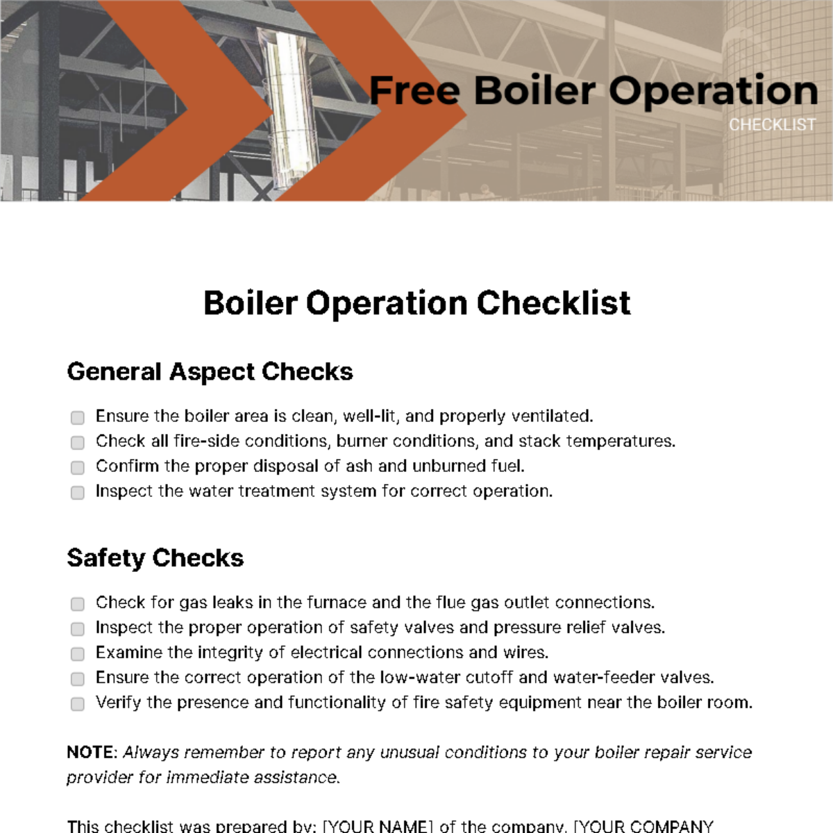 Boiler Operation Checklist Template - Edit Online & Download