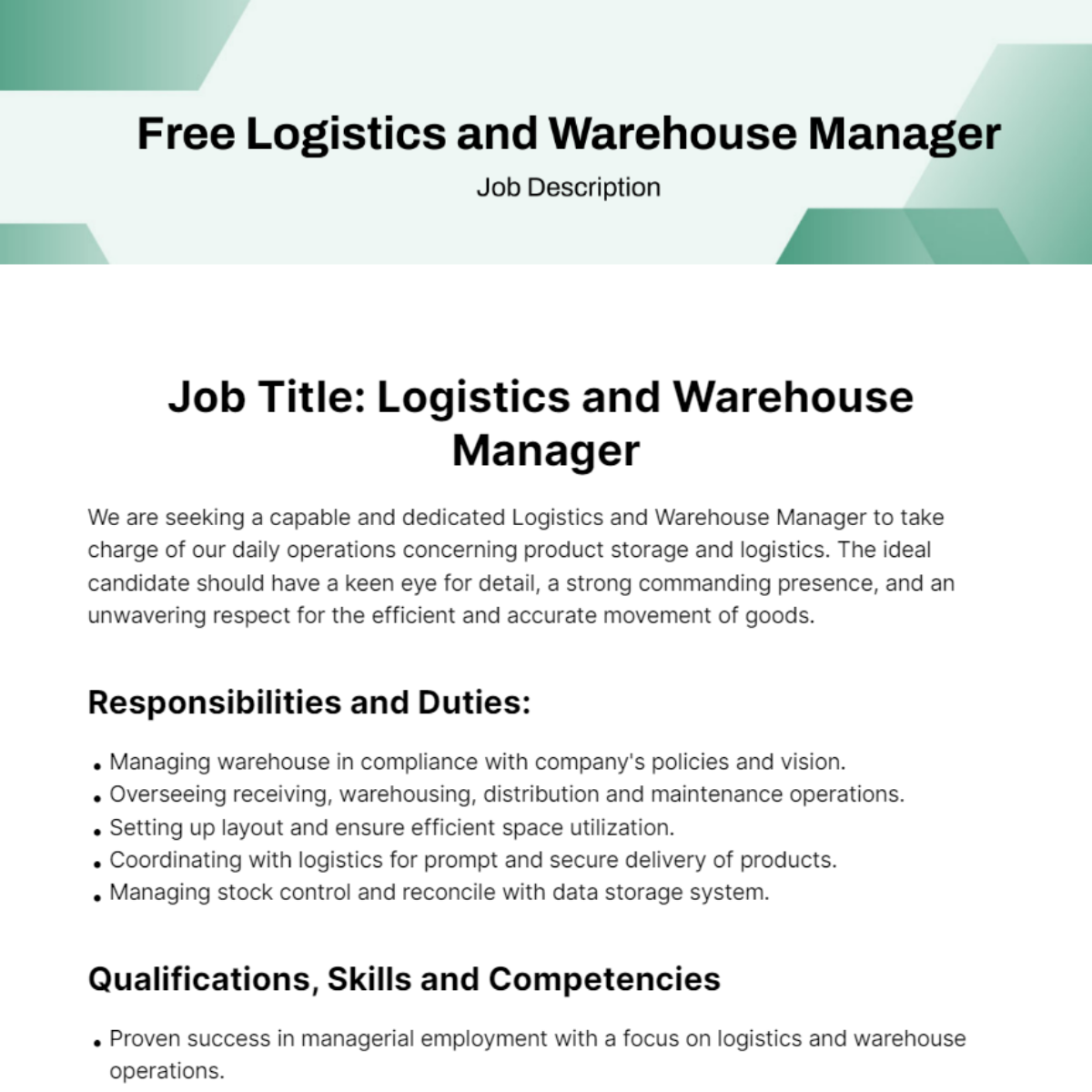 Logistics and Warehouse Manager Job Description Template