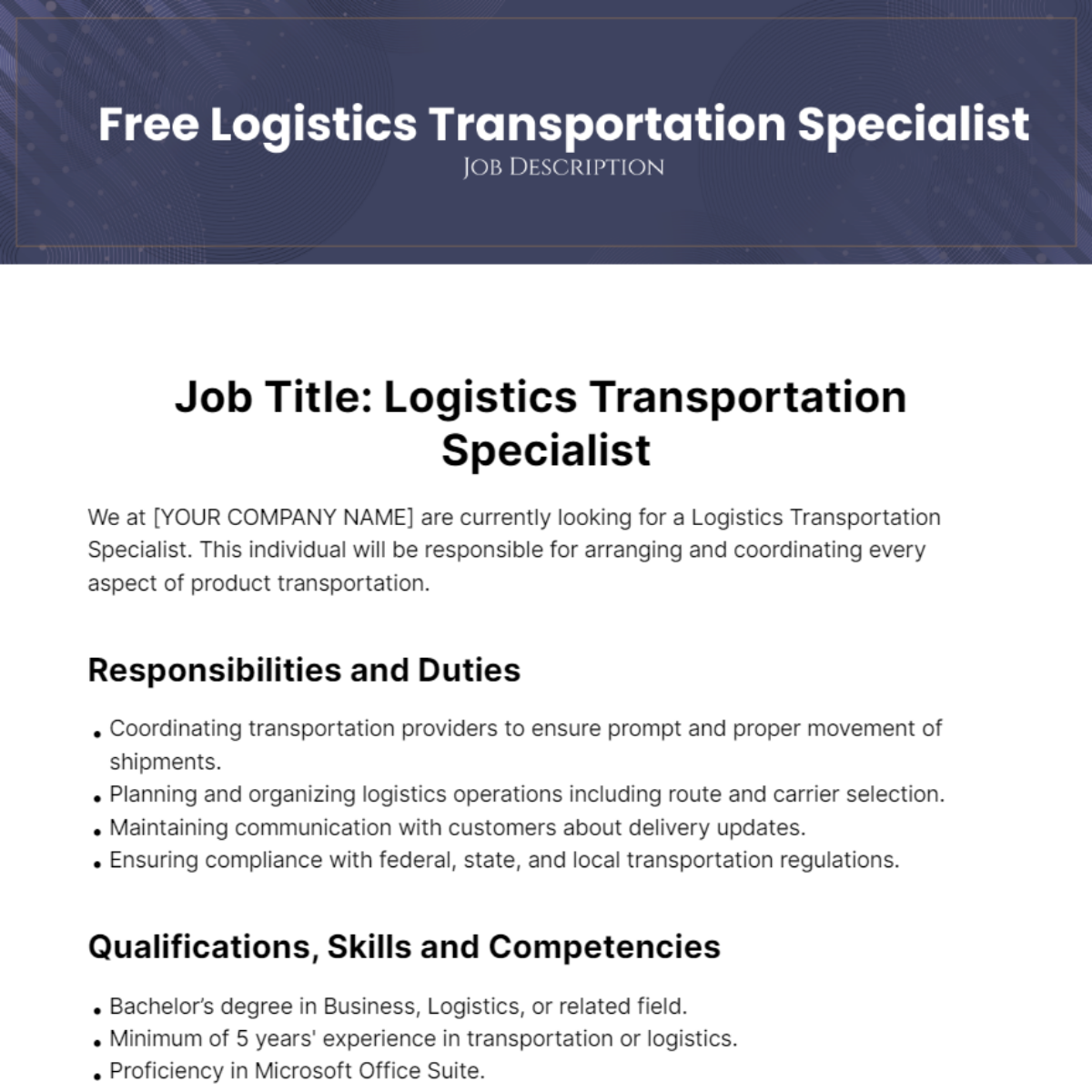 Free Logistics Transportation Specialist Job Description Template
