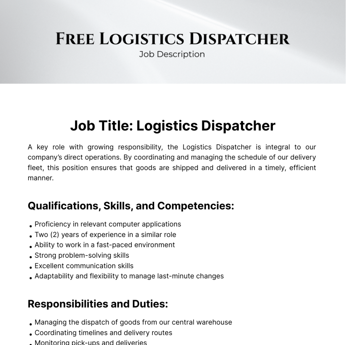 Free Logistics Dispatcher Job Description Template