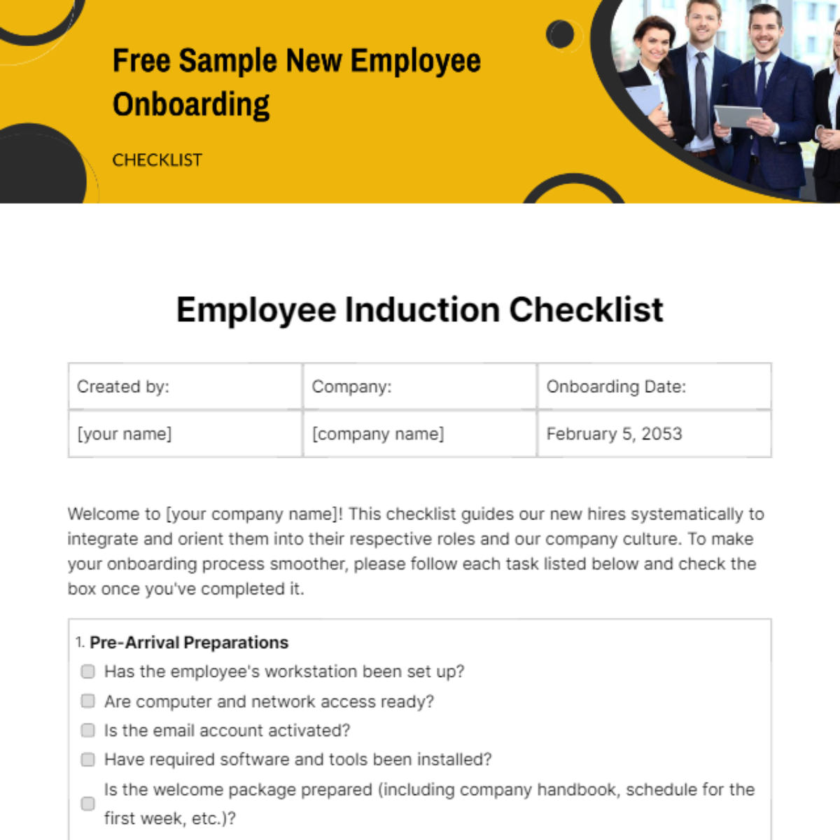 Free Sample New Employee Onboarding Checklist Template