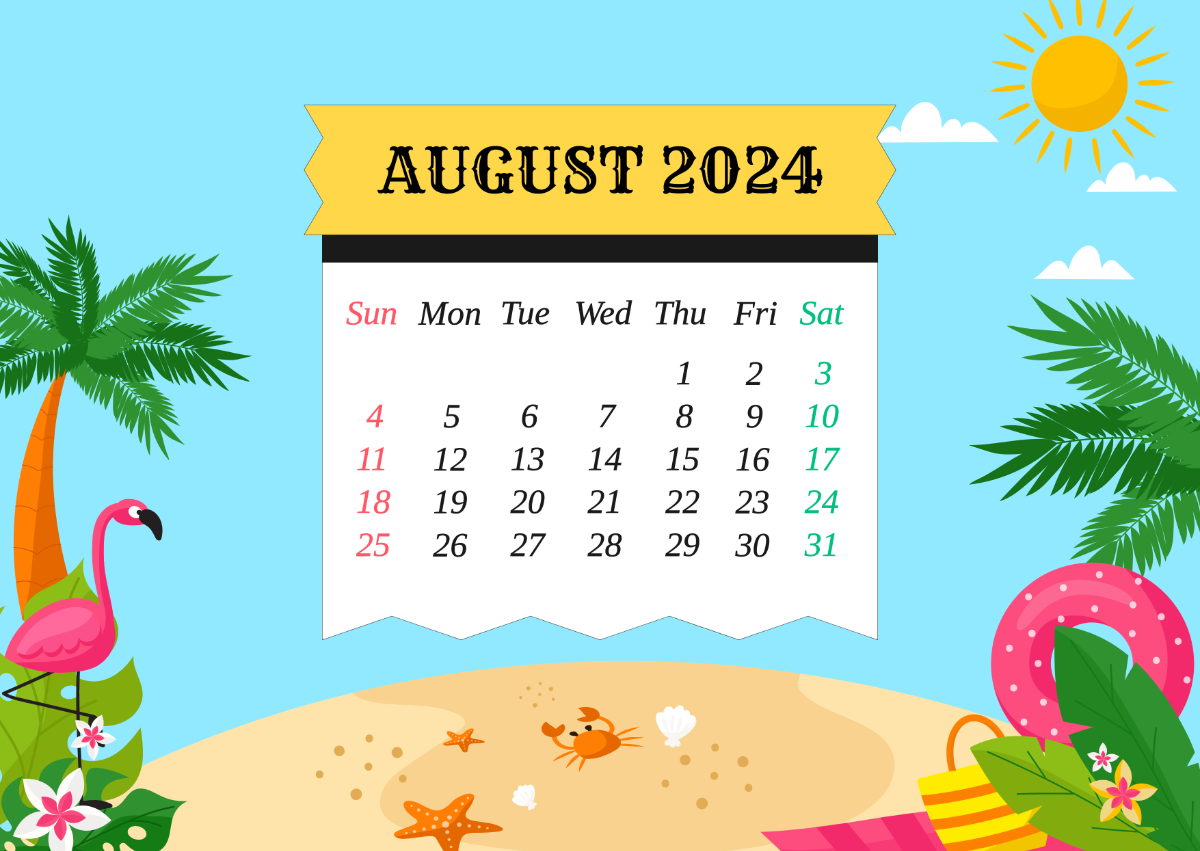Summer August Calendar 2024 Template