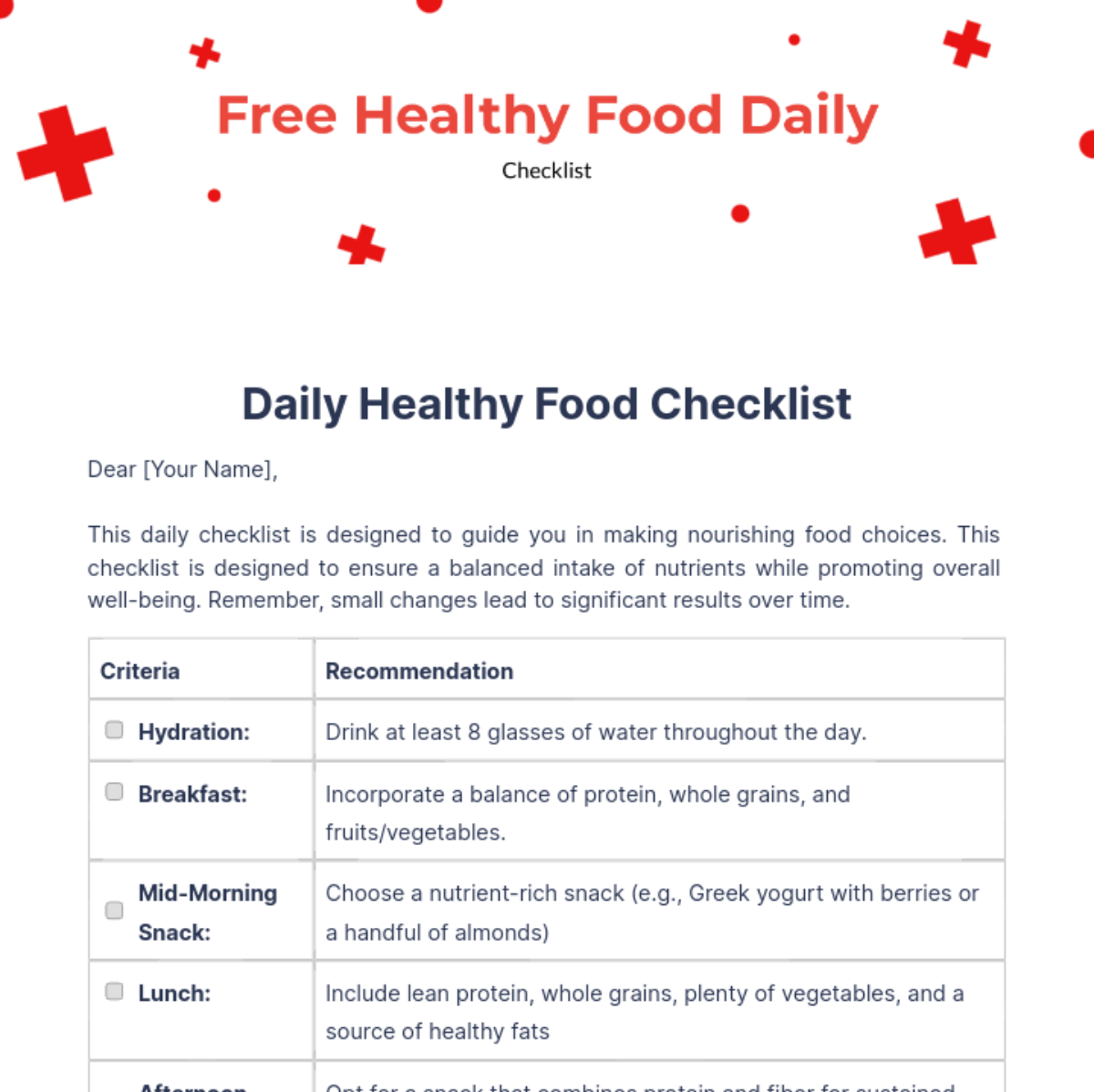 Healthy Food Daily Checklist Template