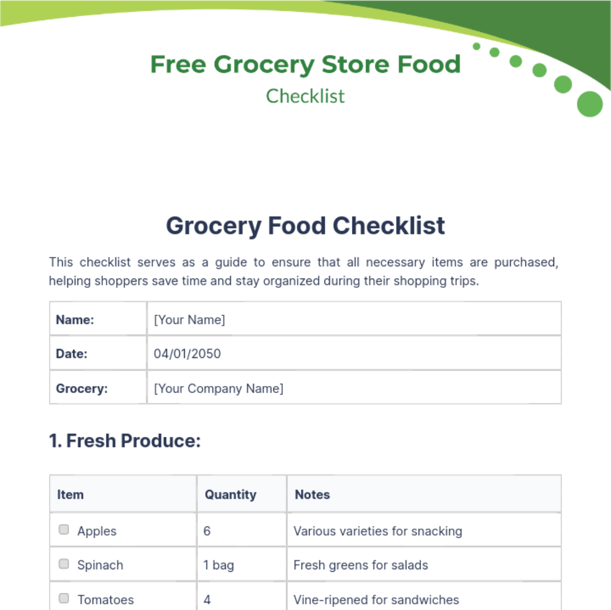 Grocery Store Food Checklist Template