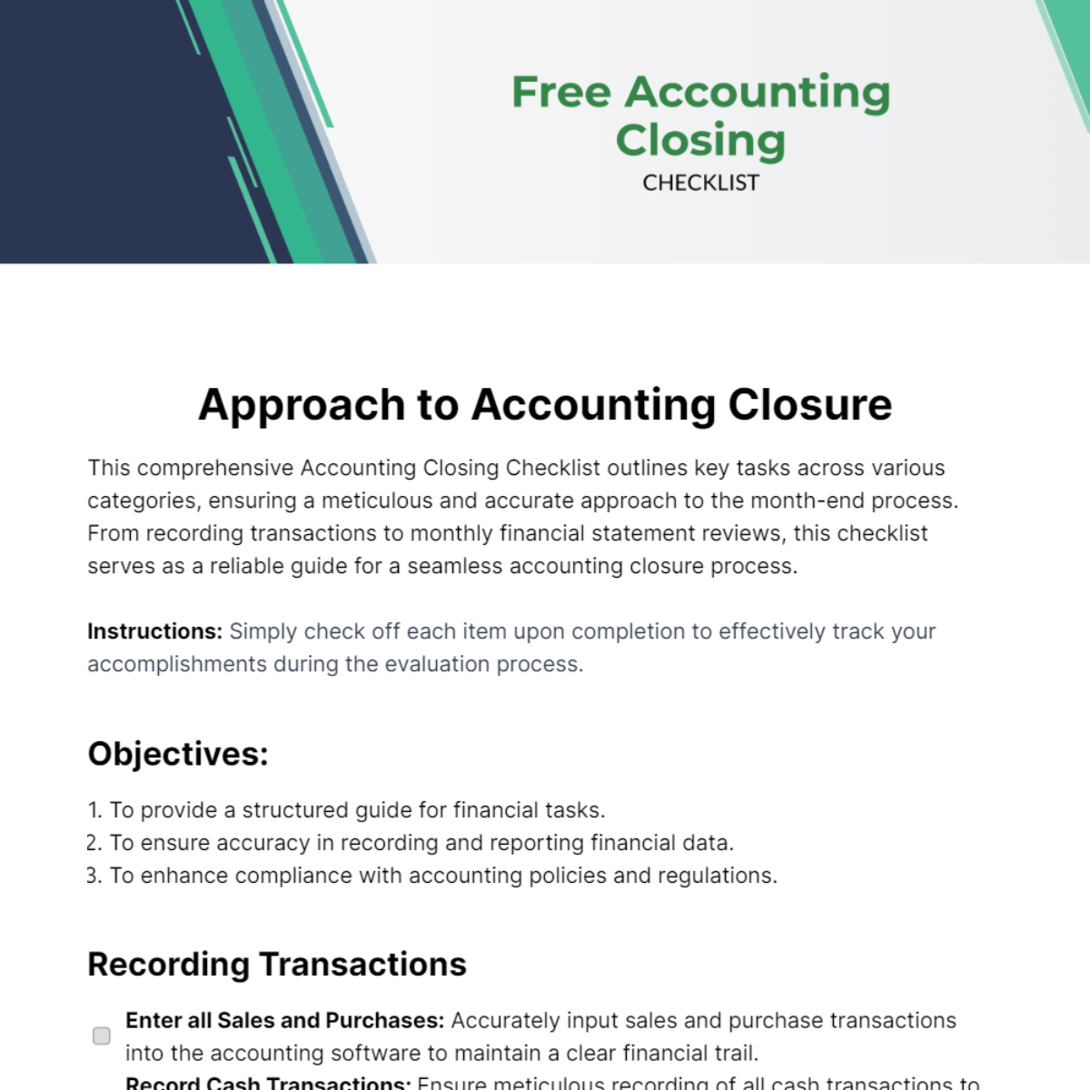 Accounting Closing Checklist Template