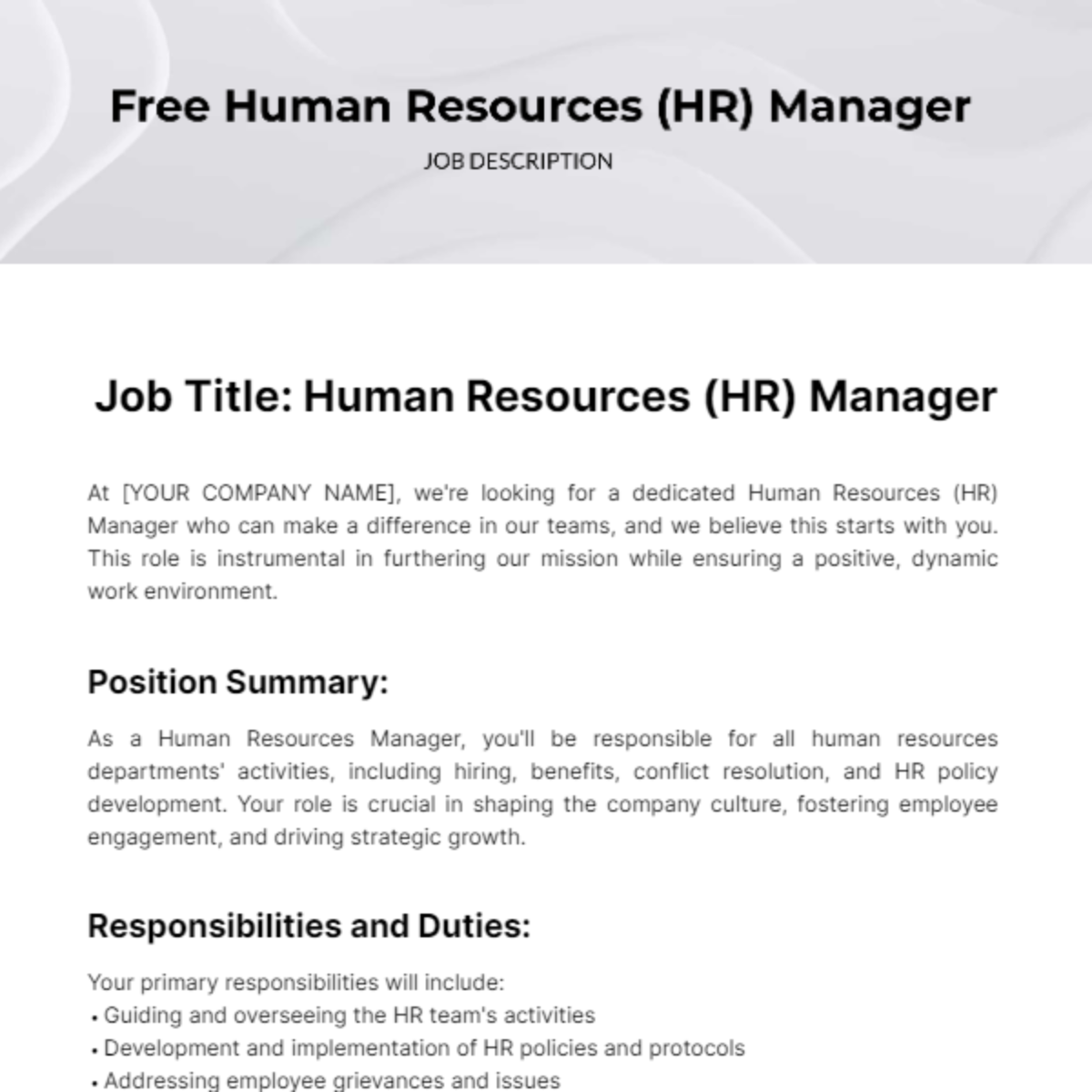 Human Resources (HR) Manager Job Description Template