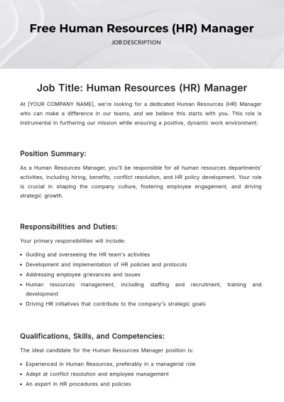 Free Human Resources (HR) Manager Job Description Template to Edit Online