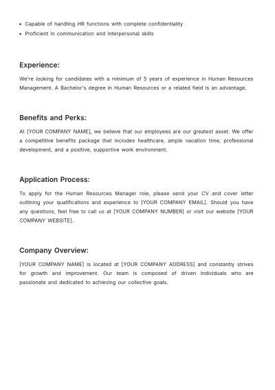 Free Human Resources (HR) Manager Job Description Template to Edit Online