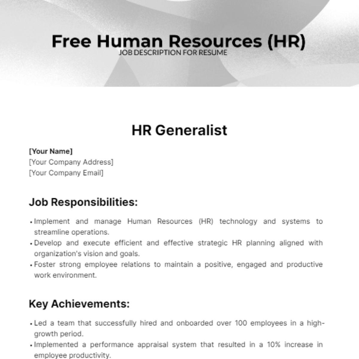 Human Resources (HR) Job Description for Resume Template