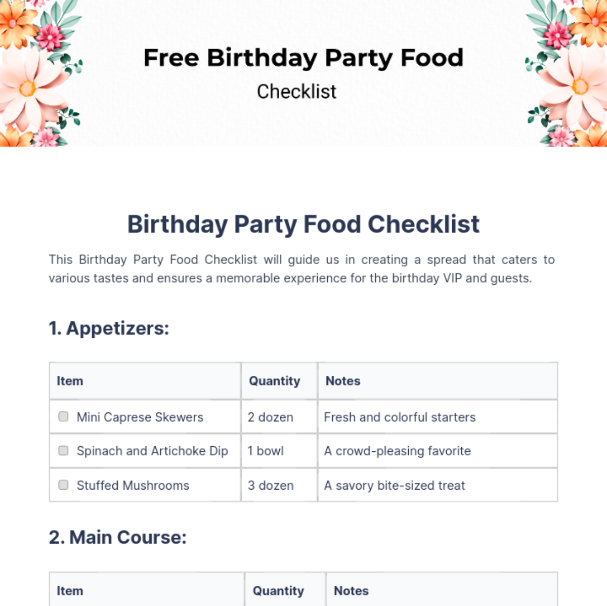Birthday Party Food Checklist Template