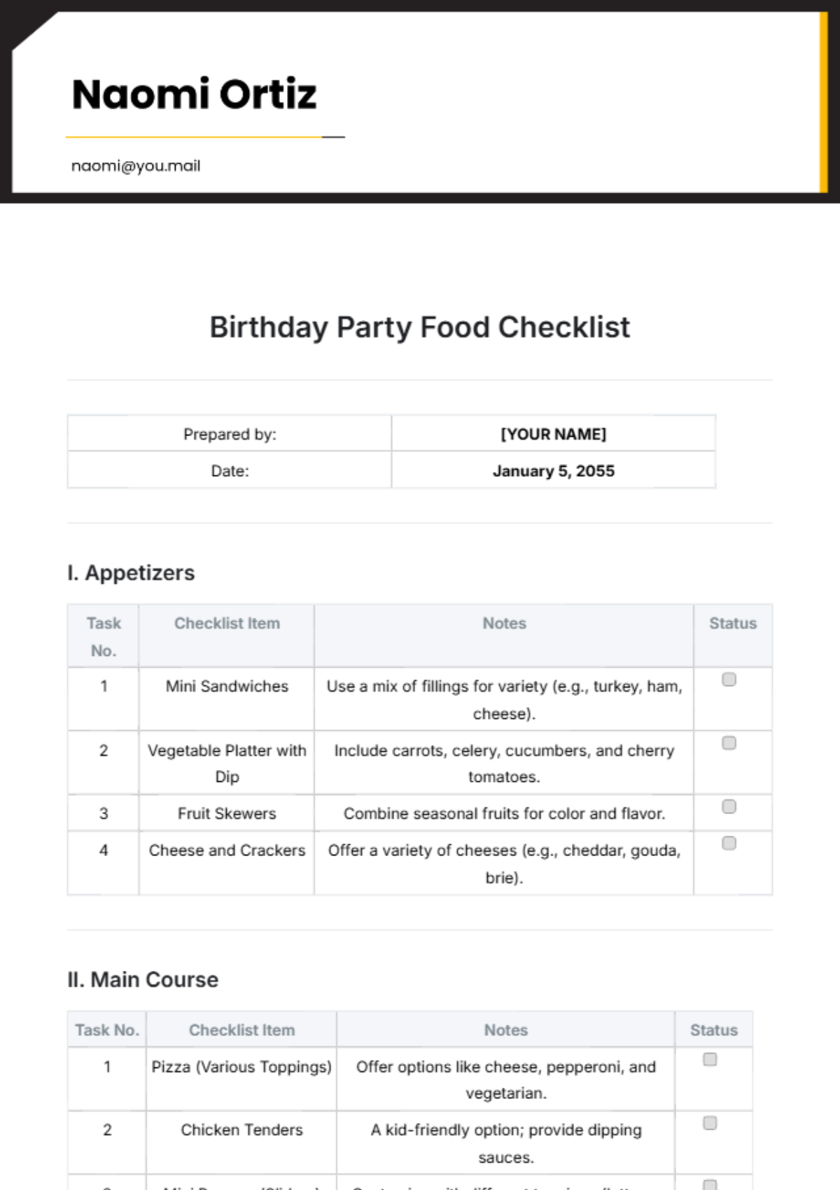 Birthday Party Food Checklist Template - Edit Online & Download