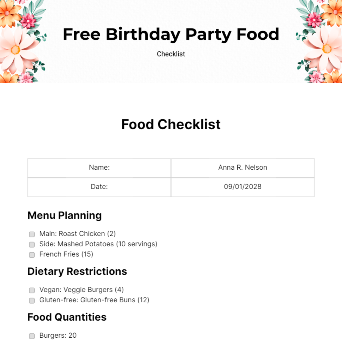 FREE Food Checklist Templates & Examples Edit Online & Download