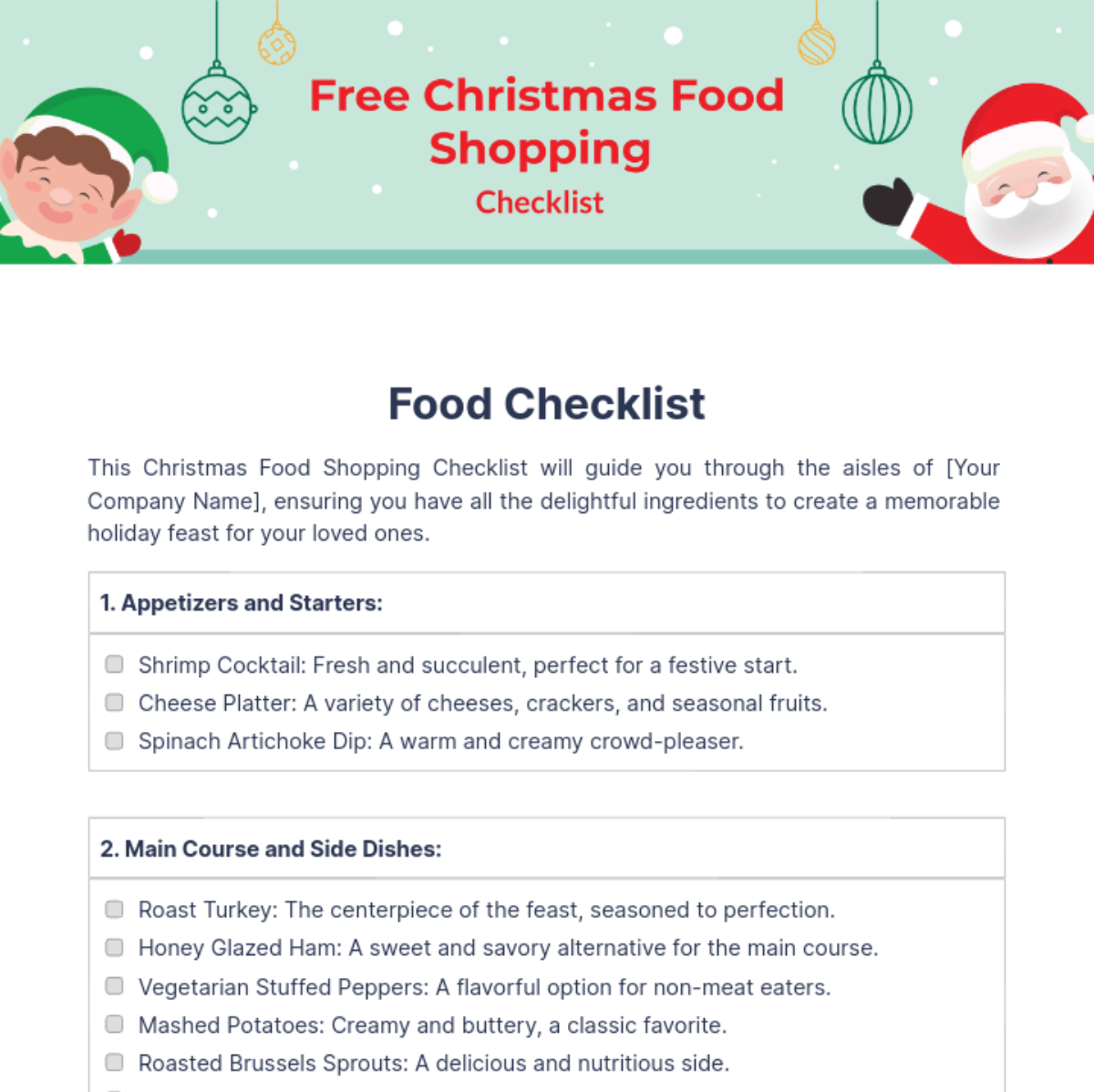 Free Christmas Food Shopping Checklist Template