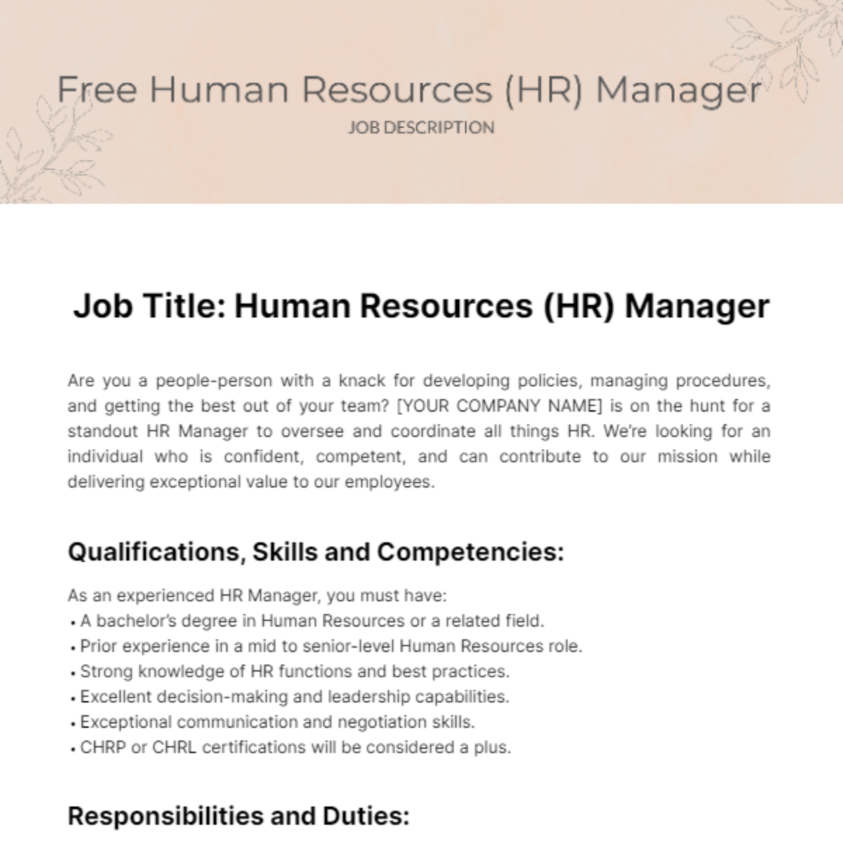 Human Resources (HR) Job Description Template