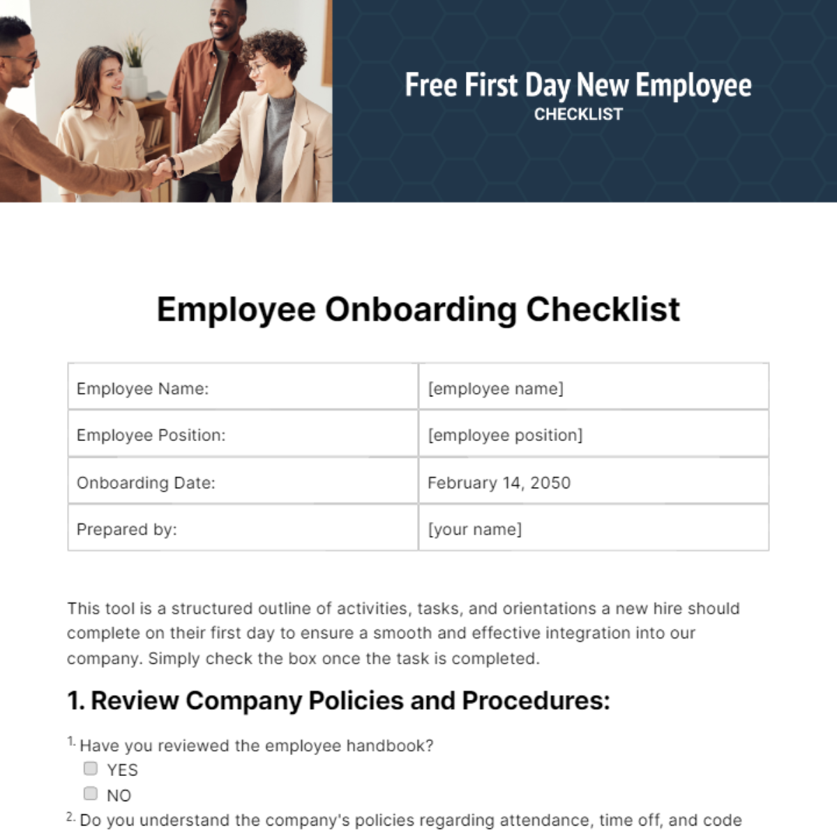 Free Frist Day New Employee Checklist Template
