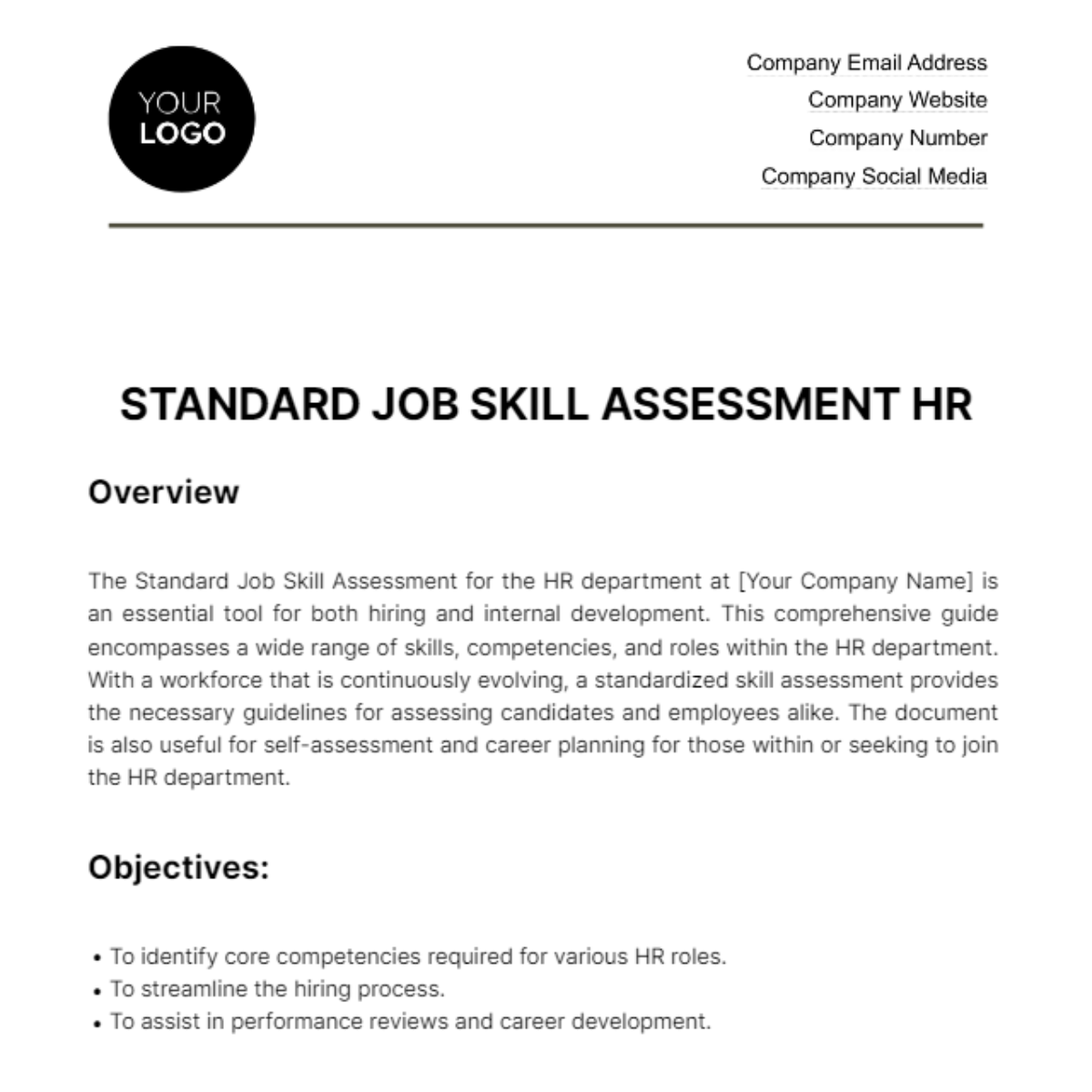 Standard Job Skill Assessment HR Template
