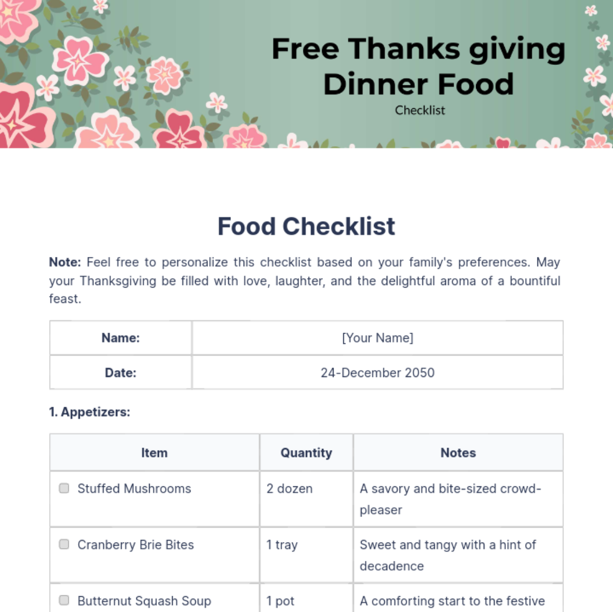 Thanksgiving Dinner Food Checklist Template