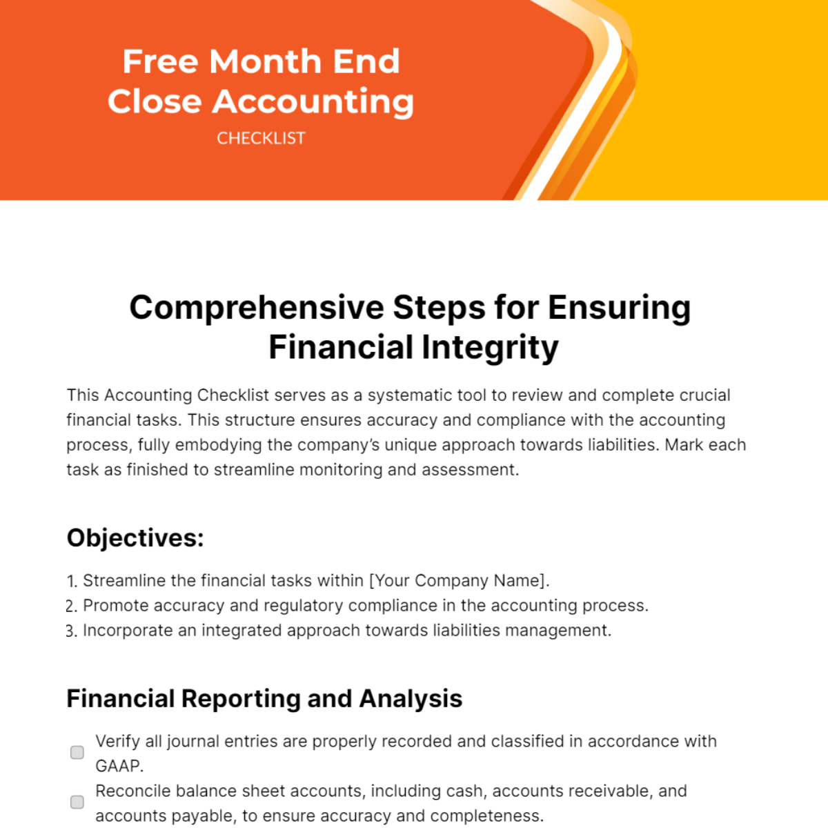 Month End Close Accounting Checklist Template