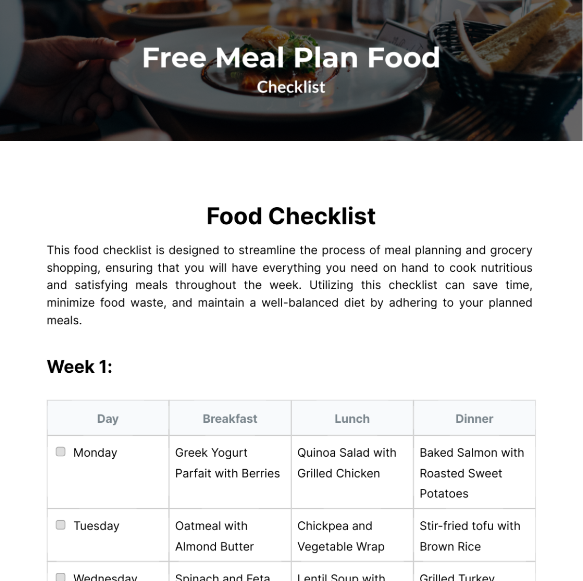 Free Meal Plan Food Checklist Template