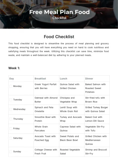 Free Meal Plan Food Checklist Template to Edit Online