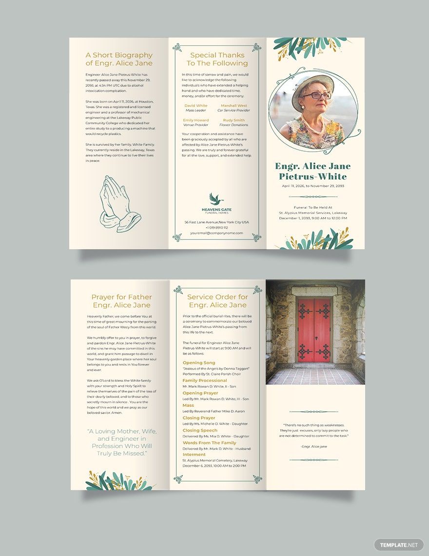 In Loving Memory Funeral Program Tri-Fold Brochure Template in Word, Google Docs, Illustrator, PSD, Apple Pages, Publisher, InDesign