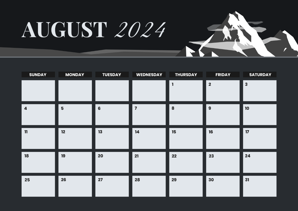 Black and White August Calendar 2024 Template