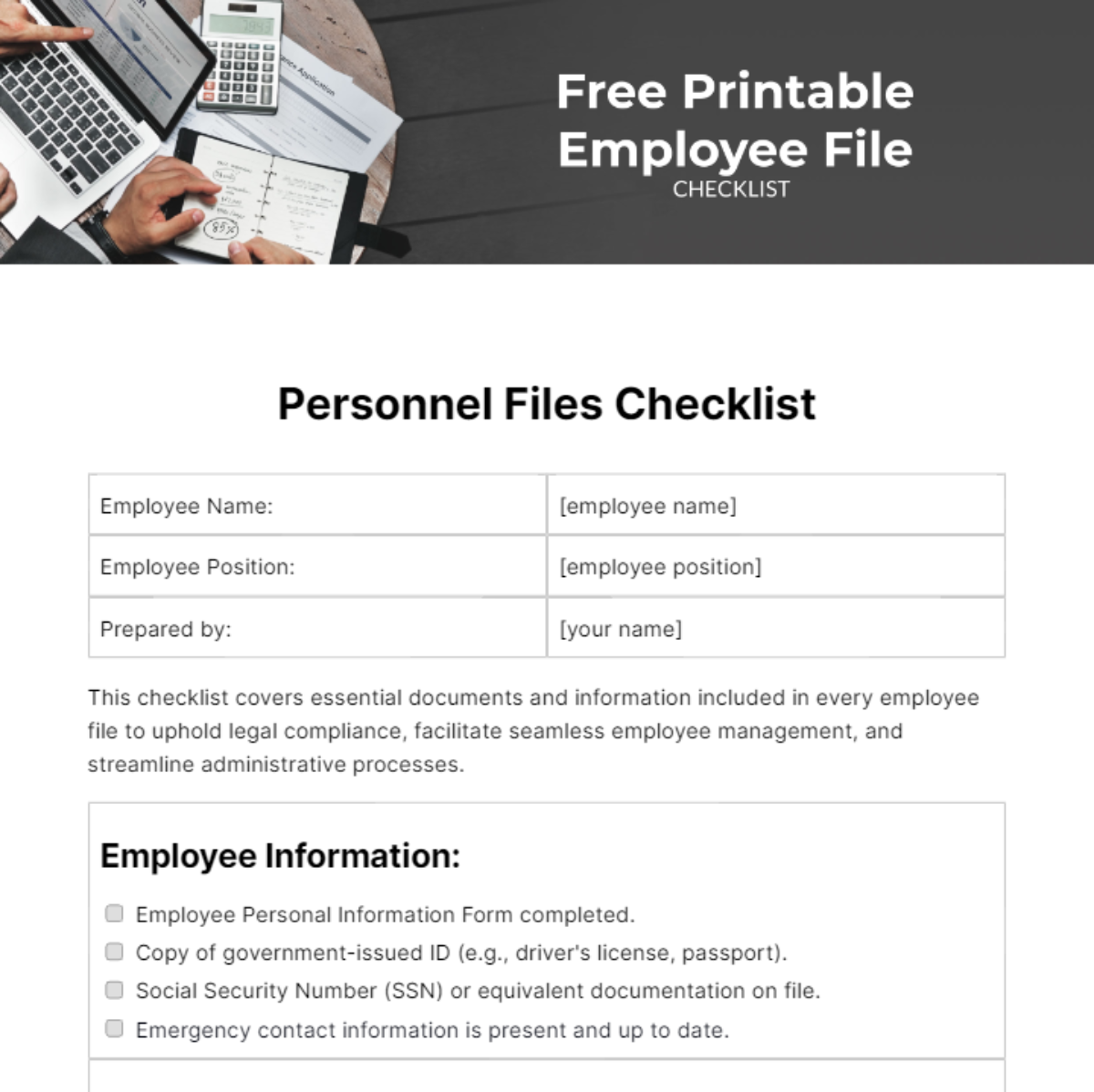 Printable Employee File Checklist Template