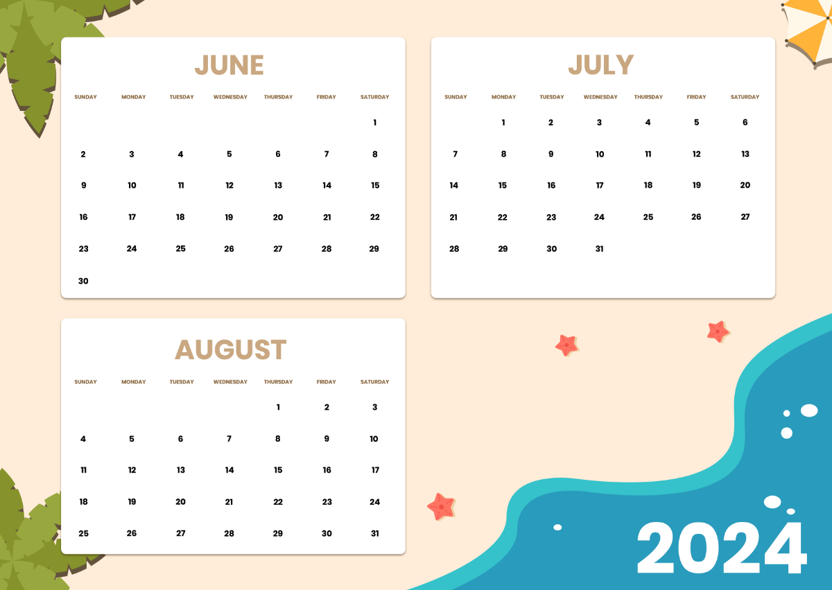 June July August 2024 Calendar Printable Free One Charil Stormy