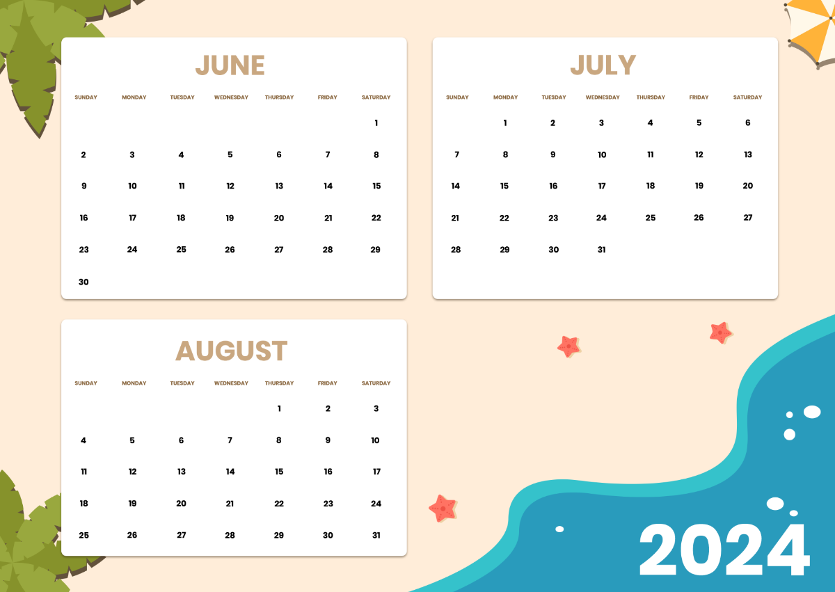 Summer Calendar 2024 June July August Katti